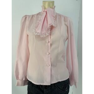 VTG 70s Rapsody Pink Secretary Blouse Lace Ascot Bow Romantic Victorian Size 10